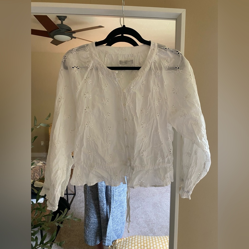 Outerknown White Eyelet Tie Front Blouse